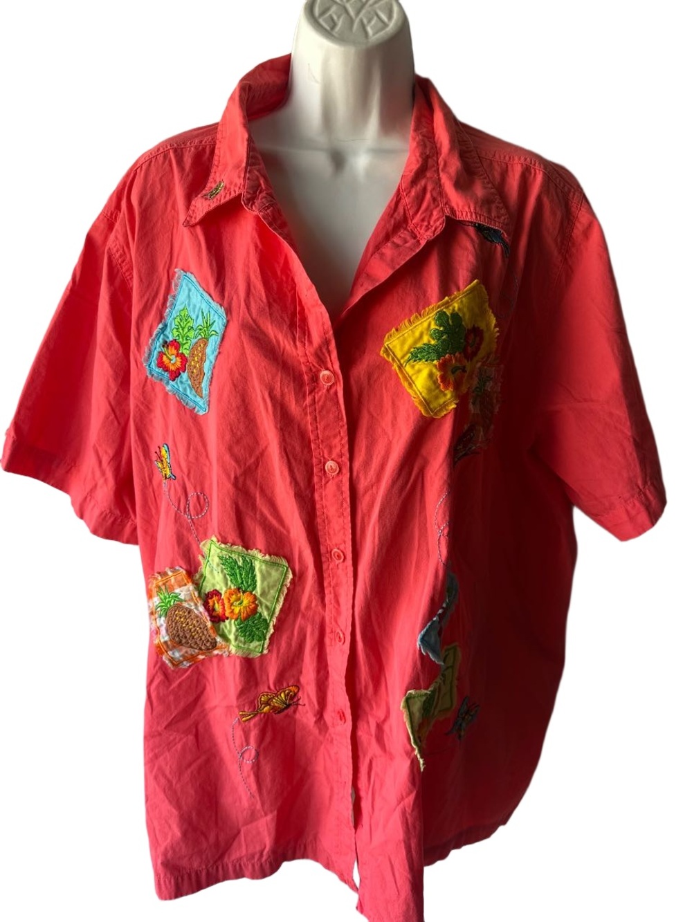 Bobbie Brooks Coral Embroidered Tropical Fruit Floral Patchwork Shirt 26W 28W